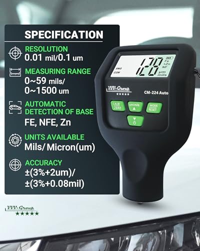 VVV-Group Paint Thickness Gauge CM-224 Auto – Digital Coating Thickness Meter for Cars and Automotive Inspection, Fe / Al / Fe+Zn Detection, 0.1 μm Resolution, Factory Calibrated, Large Backlit LCD - Image 2