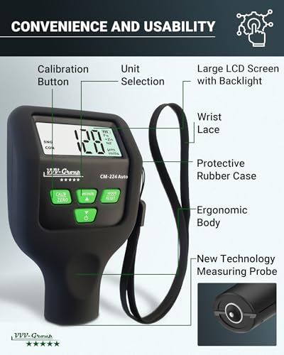 VVV-Group Paint Thickness Gauge CM-224 Auto – Digital Coating Thickness Meter for Cars and Automotive Inspection, Fe / Al / Fe+Zn Detection, 0.1 μm Resolution, Factory Calibrated, Large Backlit LCD - Image 3