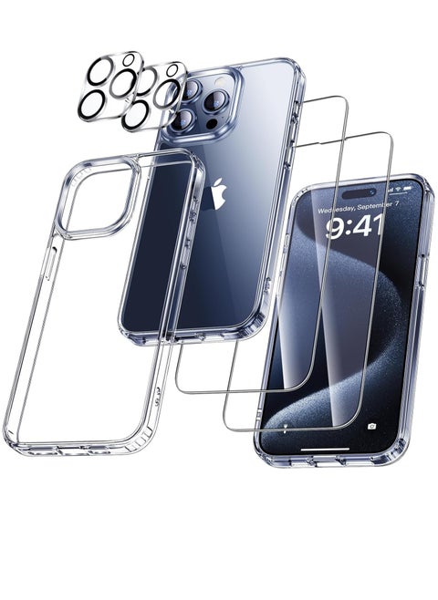 [ 9-in-1 ]for iPhone 15 Pro Max Case Clear Shockproof,[Strong Grade Protection ][No Yellowing] 2 Pcs Lens Protector+2 Pcs Screen Protector,Cleaning Kit,1Stand,1 Ring All-Round Protection Kit