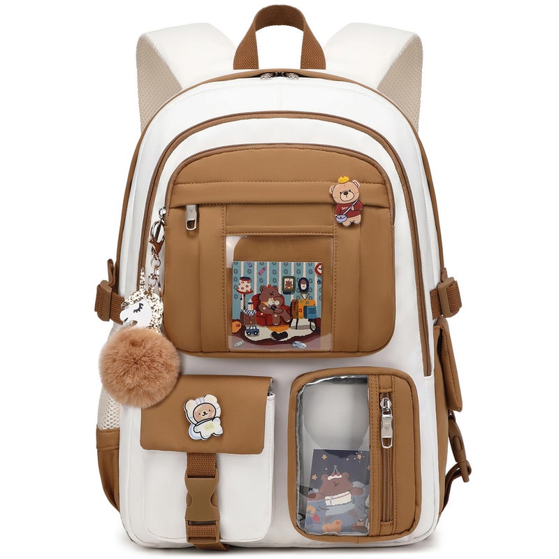 LXYGD Backpack for Girls with Accessories Laptop Bookbags 16 Inch Kawaii Kids Elementary Middle High School Bag College Travel Daypack Gifts for Teens Women Students Beige Khaki - Image 2