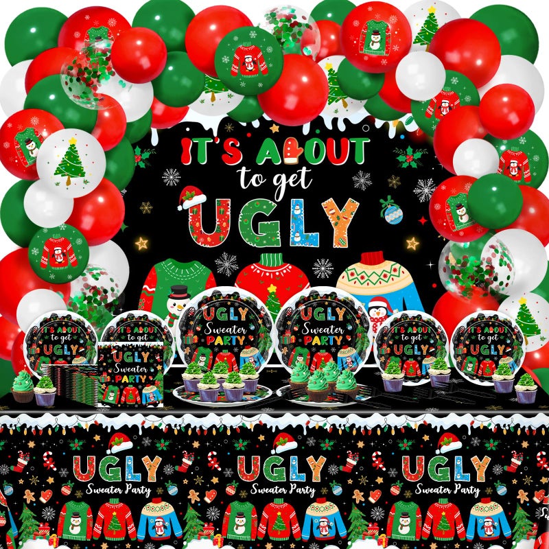 Lecheme Ugly Sweater Party Decorations193 Pcs Its About to Get Ugly Christmas Banner Plates Napkins Tablecloth Balloons Christmas Sweater Friendsmas Party Decor Supplies Serve 24 - Image 3