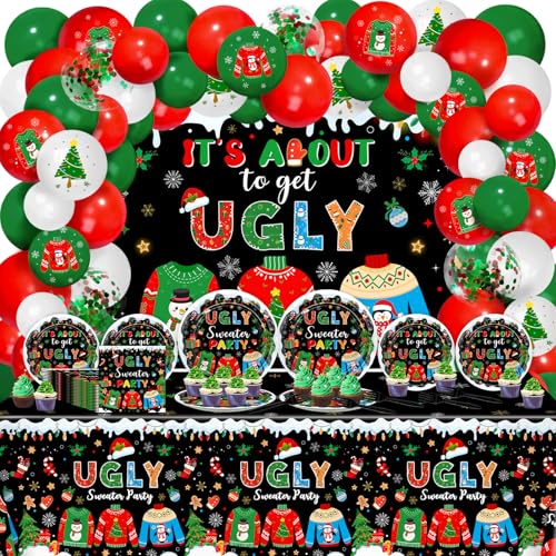 Lecheme Ugly Sweater Party Decorations193 Pcs Its About to Get Ugly Christmas Banner Plates Napkins Tablecloth Balloons Christmas Sweater Friendsmas Party Decor Supplies Serve 24 - Image 1