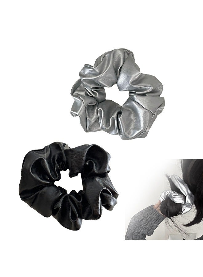 PU Leather Hair Scrunchies，Ballet silver autumn-winter leather scrunchie，Ponytail Hair Accessories（Silver，Black) - Image 1