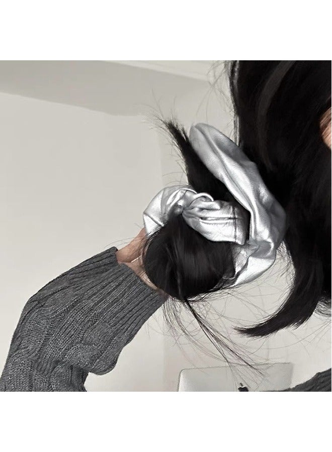 PU Leather Hair Scrunchies，Ballet silver autumn-winter leather scrunchie，Ponytail Hair Accessories（Silver，Black) - Image 5