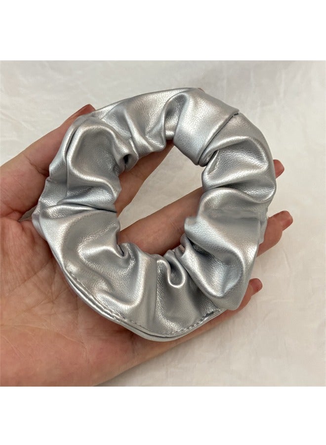 PU Leather Hair Scrunchies，Ballet silver autumn-winter leather scrunchie，Ponytail Hair Accessories（Silver，Black) - Image 2