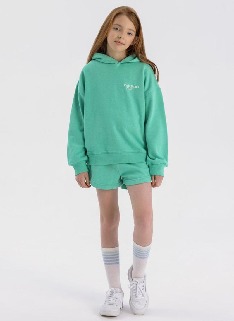 MINOTI Kids Girls Hoodie and Shorts Set with Print and Rib Trim - Image 1