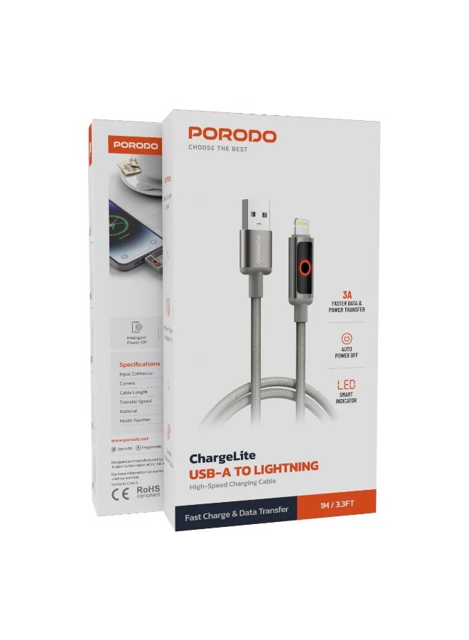 porodo Blue CHARGELITE USB-A to Lightning Fast Charging Cable – Grey - Image 2