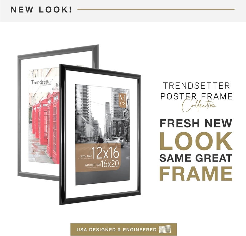MCS Trendsetter 16x20 Poster Frame, Display Pictures 12x16 With Mat or 16x20 Without Mat, Vertical & Horizontal Wall Hanging Large Picture Frame for Photos & Posters, Black (1-Pack) - Image 2