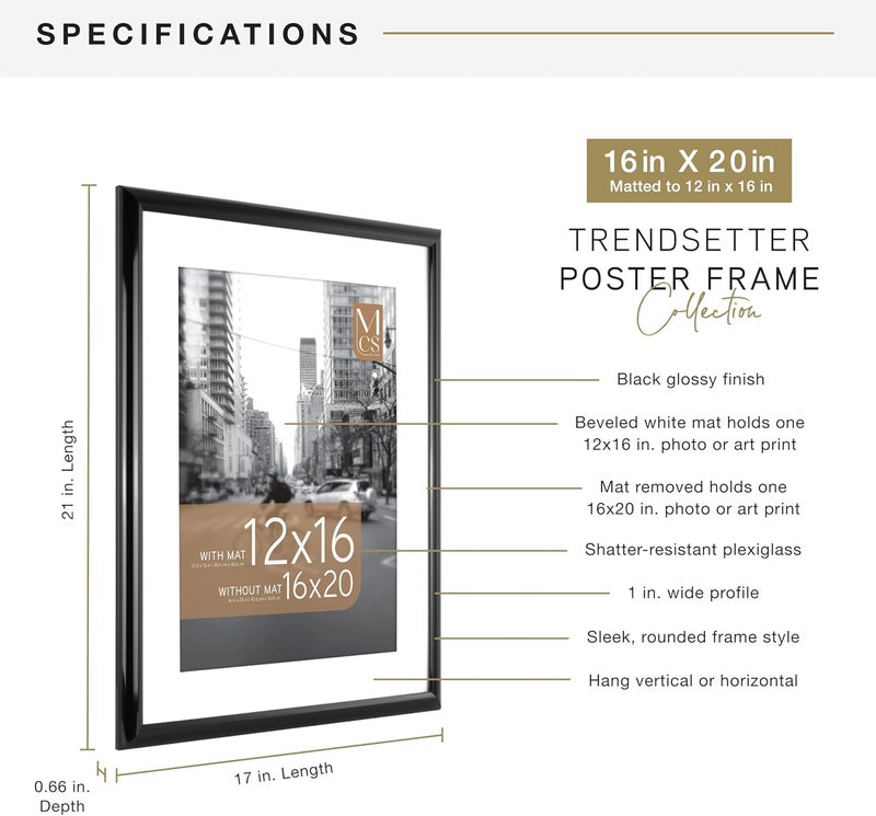MCS Trendsetter 16x20 Poster Frame, Display Pictures 12x16 With Mat or 16x20 Without Mat, Vertical & Horizontal Wall Hanging Large Picture Frame for Photos & Posters, Black (1-Pack) - Image 4