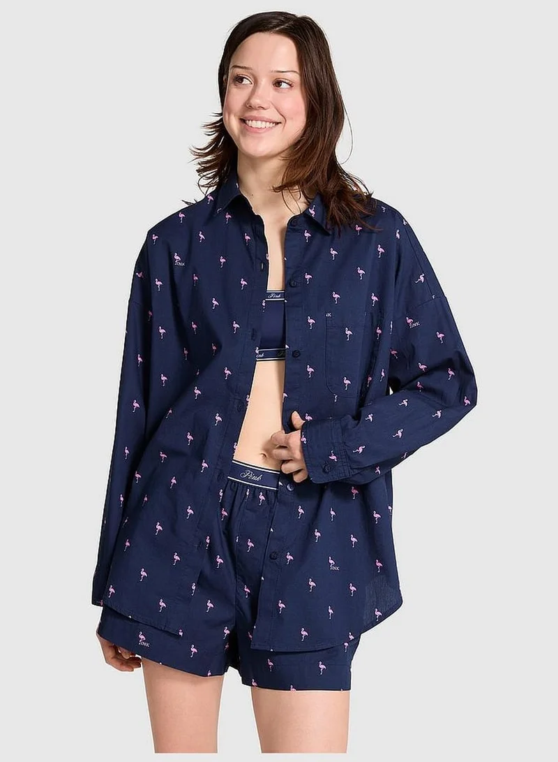 PINK Cotton Poplin Oversized Button-Down Sleepshirt