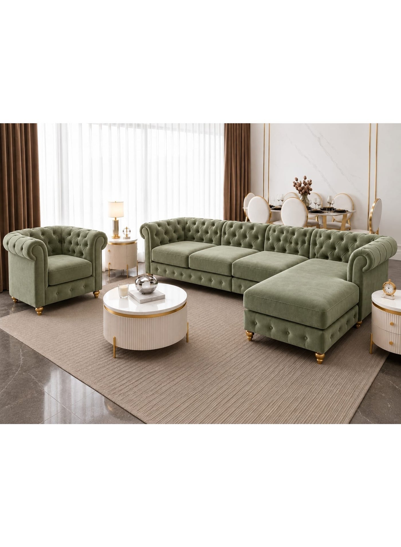 Luxury L-Shape Corner Sofa Set with Armchair, Soft Cushions