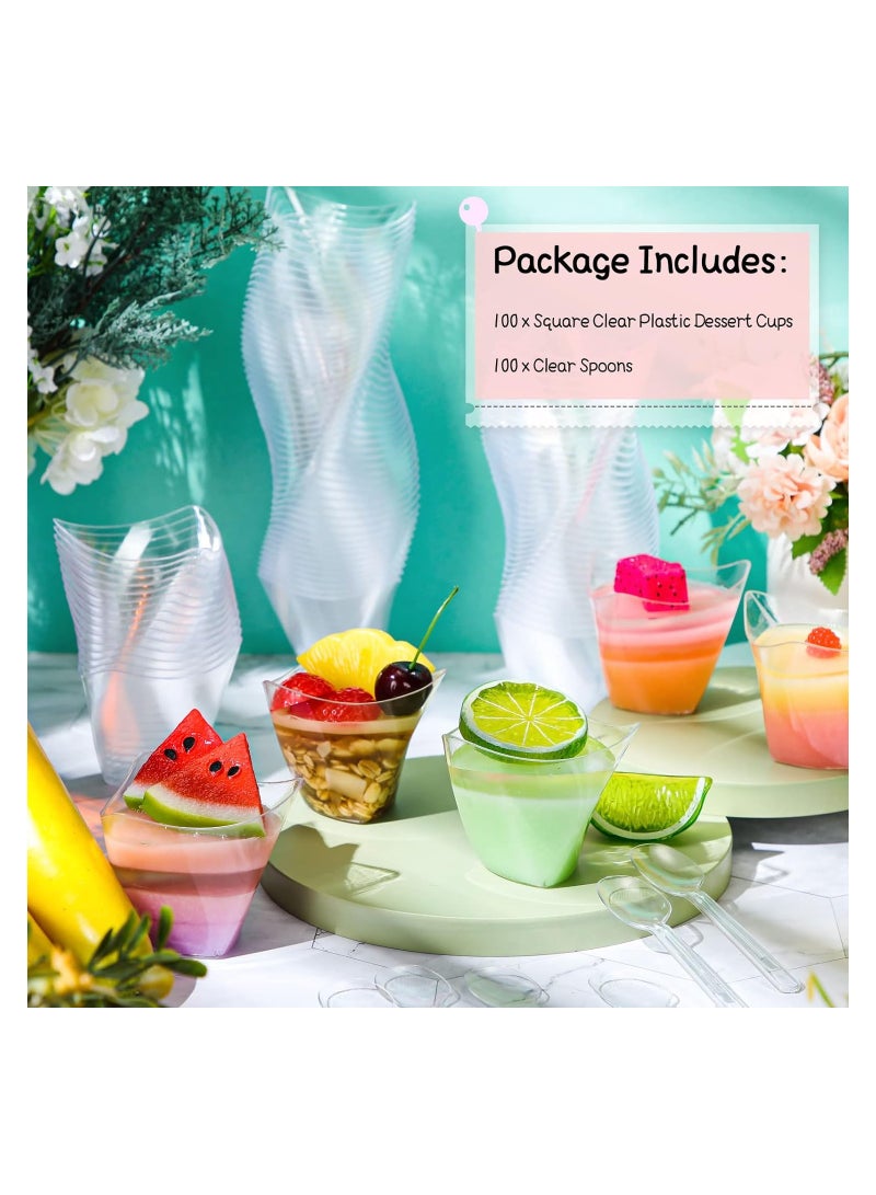 SYOSI 200PCS Plastic Dessert Cups without Lids, 4.5 oz Mini Clear Dessert Cups with Spoons, Disposable Trifle Mousse Dessert Cup, Triangular Parfait Appetizers Tumbler Pudding Fruit Serve Cup, for Party - Image 5