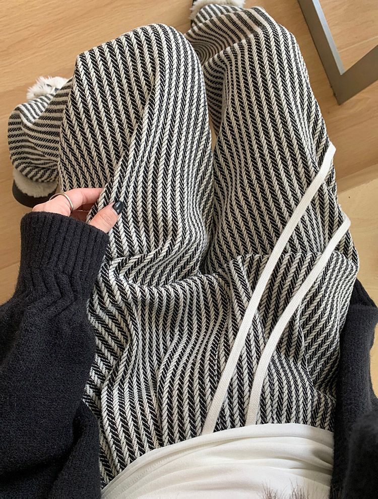 Vertical Stripe Woolen Pants Womens Spring and Autumn 2025 New Korean Style Casual Retro Lazy Dumping Straight Leg Pants Black and white stripes [good quality]] 