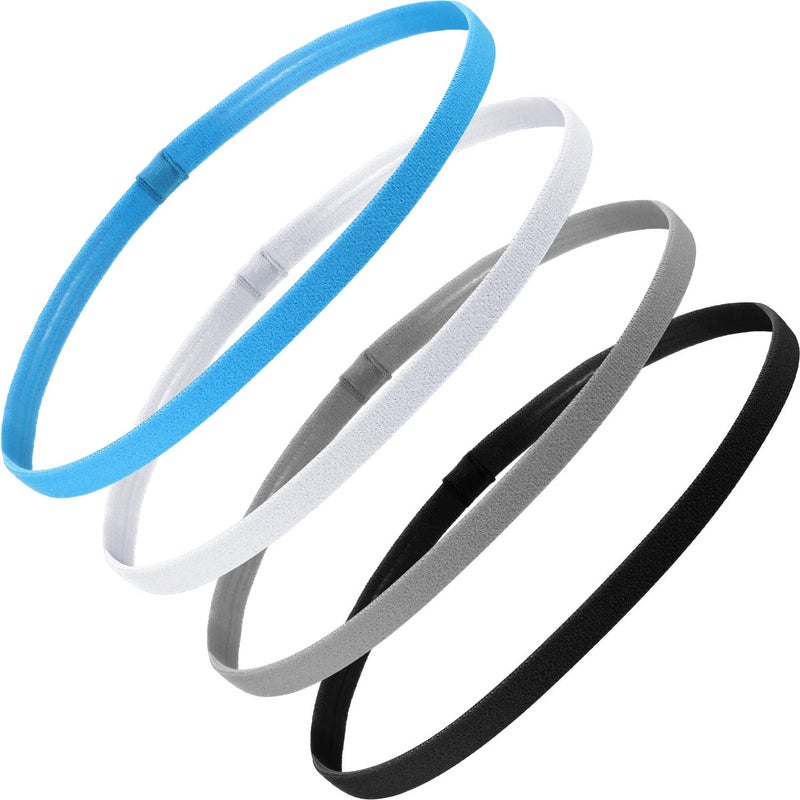 Bememo Bememo 4 Pieces Thick NonSlip Elastic Sport Headbands Hair Headbands for Women and Men Black White Grey Royal Blue