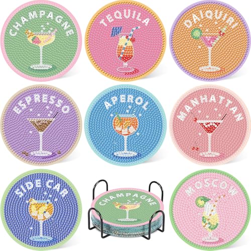 hkejoi 8 Pcs Cocktail Diamond Art Coasters Kit for Adults Cocktail Diamond Painting Coasters with Holder 5D Gem Art DIY Crafts Diamond Dots for Gift Life - Image 1