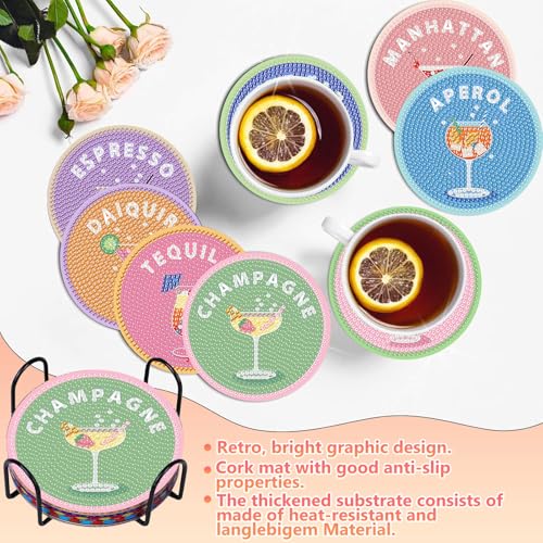 hkejoi 8 Pcs Cocktail Diamond Art Coasters Kit for Adults Cocktail Diamond Painting Coasters with Holder 5D Gem Art DIY Crafts Diamond Dots for Gift Life - Image 3