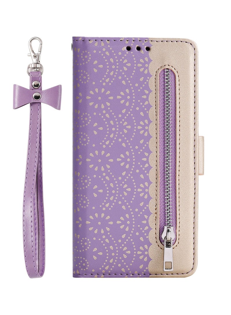 Suteni Lace Zipped Flip Cover Card Slots Leather Phone Case for Samsung - Image 1