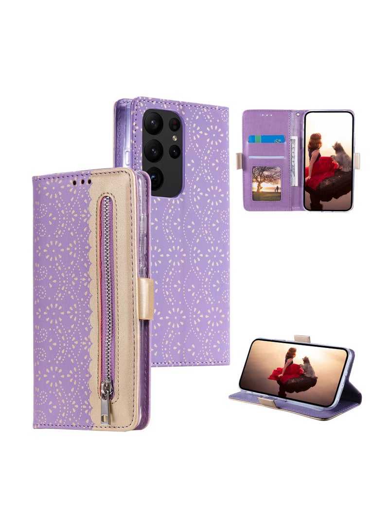 Suteni Lace Zipped Flip Cover Card Slots Leather Phone Case for Samsung - Image 3