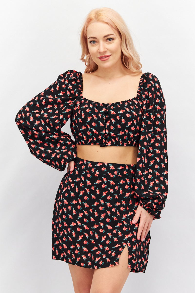 trendyol Women 2 Piece Square Neck Long Sleeves Floral Print Crop Top And Mini Skirt, Multicolor - Image 1