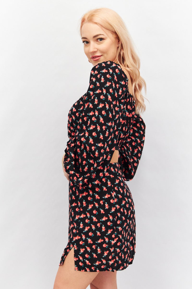 trendyol Women 2 Piece Square Neck Long Sleeves Floral Print Crop Top And Mini Skirt, Multicolor - Image 2