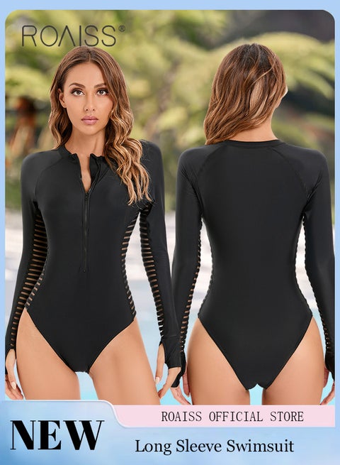 ملابس سباحة نسائية بأكمام طويلة من قطعة واحدة، ملابس شاطئية أنيقة مع وسادات صدر وسحاب أمامي، بدلة سباحة واقية من الشمس للنساء، مناسبة لجميع أنواع الأجسام، خيار رائع للسباحة والتشمس والحمامات الساخنة والمشي على الشاطئ