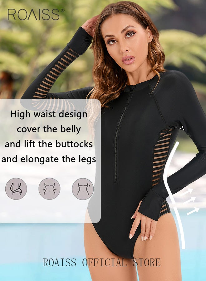 roaiss Women One Piece Swimsuit with High Slit Shorts One Piece Beachwear Women Long Sleeved Sun Protection Surfing Wetsuit  - Image 3