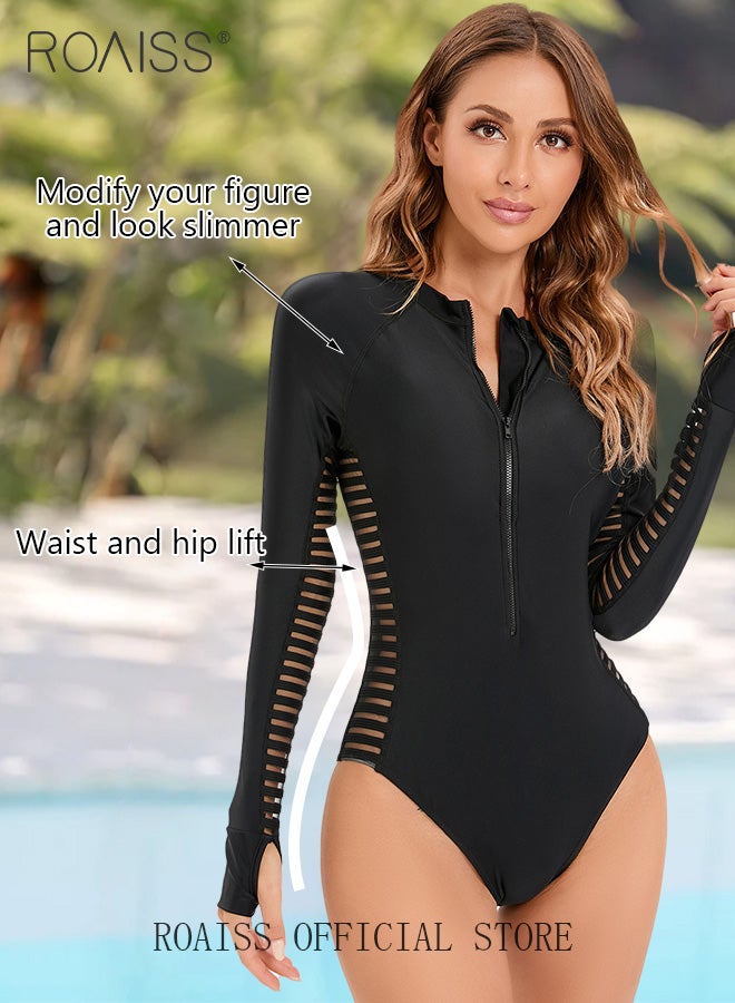 roaiss Women One Piece Swimsuit with High Slit Shorts One Piece Beachwear Women Long Sleeved Sun Protection Surfing Wetsuit  - Image 2