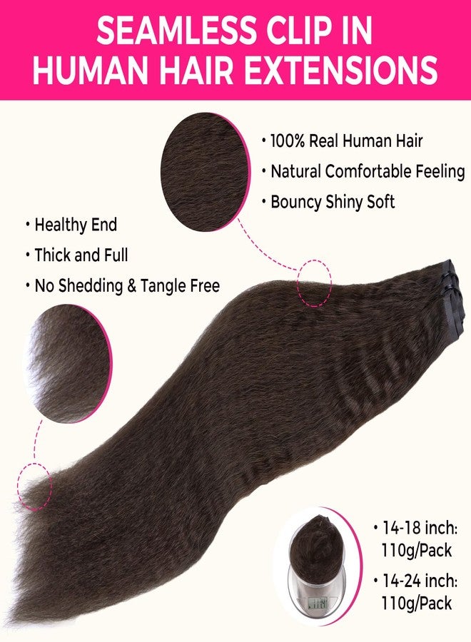 لاشي وصلات شعر لاشي بدون خياطة بمشابك، شعر بشري طبيعي رقم 2، بني داكن، مجعد ومستقيم، 7 قطع، 110 غرام، 16 بوصة، خصلات من البولي يوريثان، وصلات شعر بشري بمشابك للنساء - Image 3