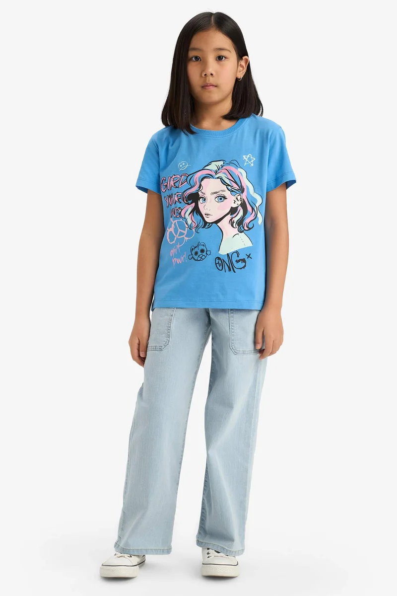 ديفاكتو Girl Regular Fit Crew Neck Anime Printed T-Shirt