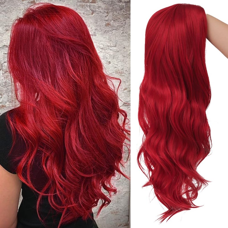 Womens Red Curly Wig Long Wavy Middle Part Synthetic Wigs for Halloween Cosplay Wig