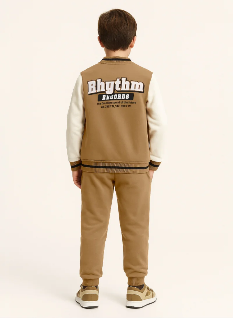 victor and jane Boys’ Stylish Varsity Tracksuit – Brown Rhythm Print Jacket &amp; Joggers