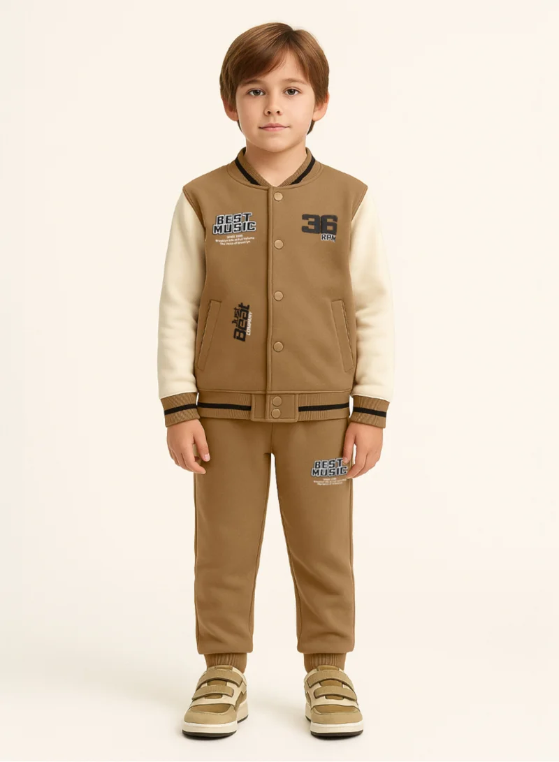 victor and jane Boys’ Stylish Varsity Tracksuit – Brown Rhythm Print Jacket &amp; Joggers