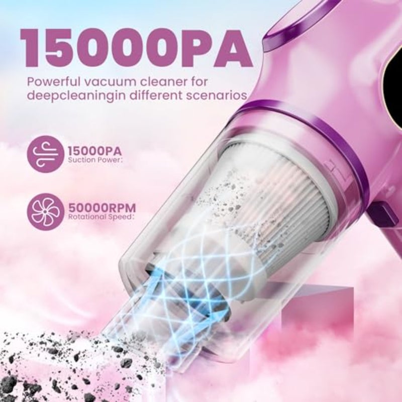 Pink Car Vacuum Cleaner, Portable Mini Cordless Small Handheld Vacuum Cleaner with LCD Display and Multi-Nozzles Powerful Hand Held Vacuums for Car, Pet Hair, Home, Office, Sofa, Keyboard - Image 3