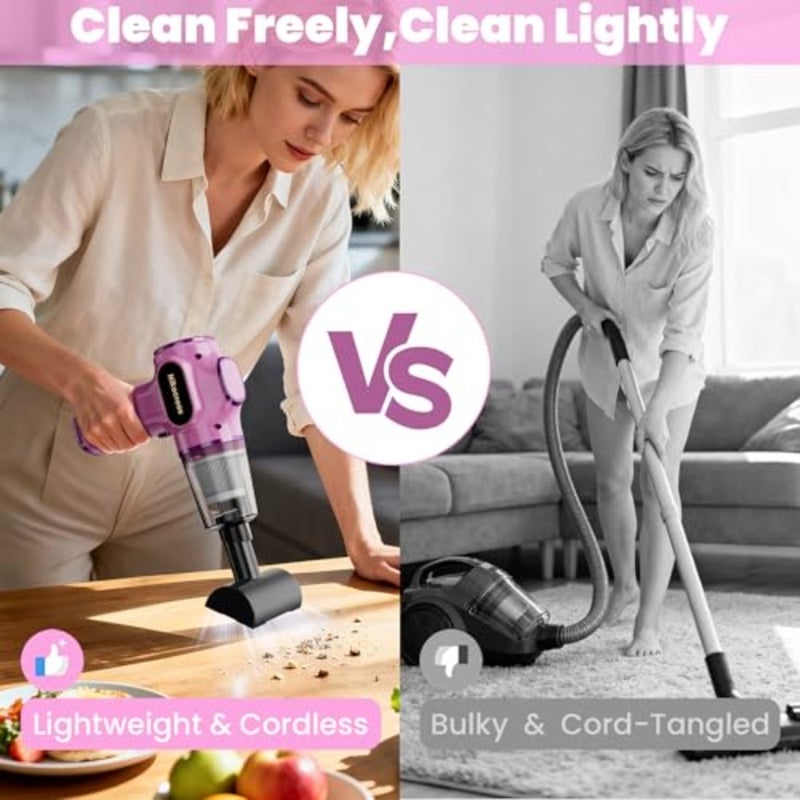 Pink Car Vacuum Cleaner, Portable Mini Cordless Small Handheld Vacuum Cleaner with LCD Display and Multi-Nozzles Powerful Hand Held Vacuums for Car, Pet Hair, Home, Office, Sofa, Keyboard - Image 5
