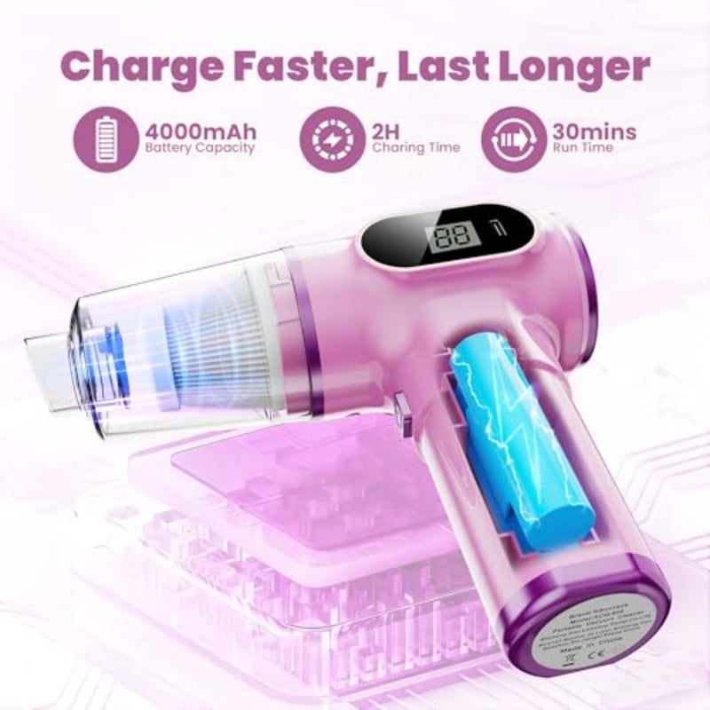 Pink Car Vacuum Cleaner, Portable Mini Cordless Small Handheld Vacuum Cleaner with LCD Display and Multi-Nozzles Powerful Hand Held Vacuums for Car, Pet Hair, Home, Office, Sofa, Keyboard - Image 4