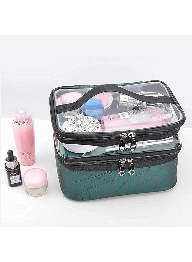 ECAPT Makeup Bag | Travel Large Cosmetic Bag | Double Layer Portable Makeup Case with Mesh Bag Brush Holder Makeup Organizer Water-Resistant for Women Girls Camping College. (Dark Green) - Image 4