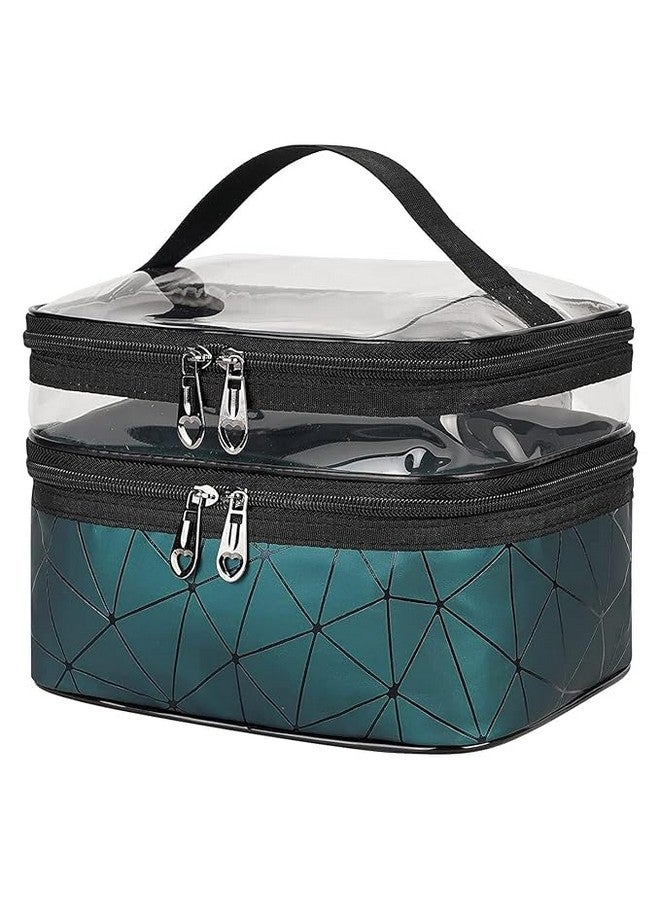 ECAPT Makeup Bag | Travel Large Cosmetic Bag | Double Layer Portable Makeup Case with Mesh Bag Brush Holder Makeup Organizer Water-Resistant for Women Girls Camping College. (Dark Green) - Image 2
