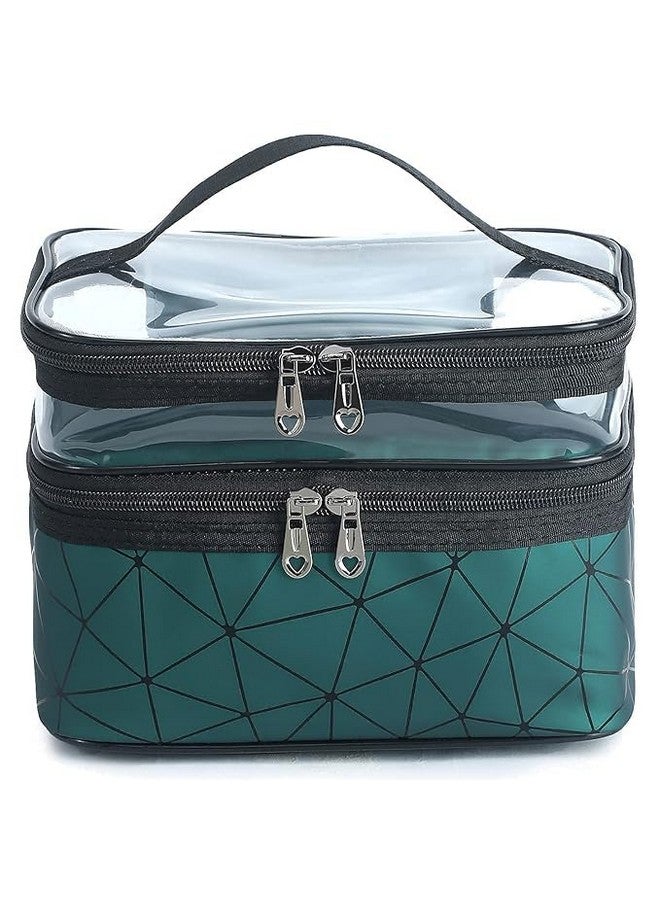 ECAPT Makeup Bag | Travel Large Cosmetic Bag | Double Layer Portable Makeup Case with Mesh Bag Brush Holder Makeup Organizer Water-Resistant for Women Girls Camping College. (Dark Green) - Image 1