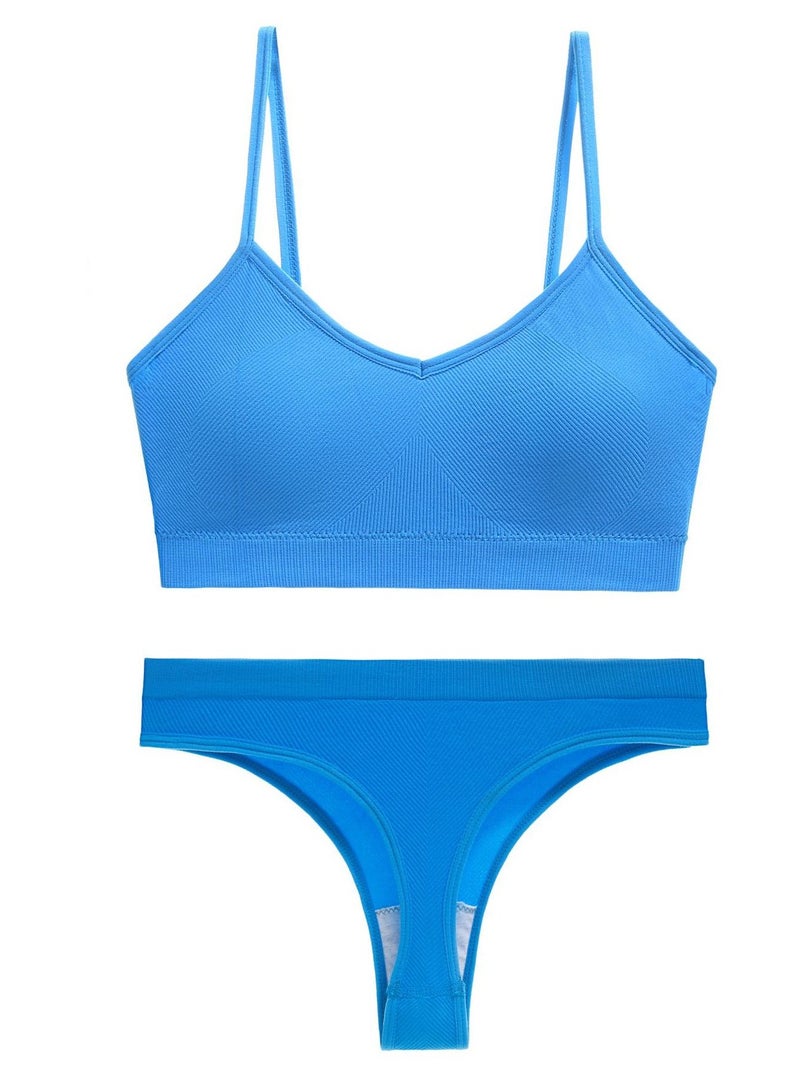 Loquat Women's Solid Color Lingerie Set 2-piece Seamless Wireless Bra+Low Waisted Thong Shorts Sport Suit Sky Blue 