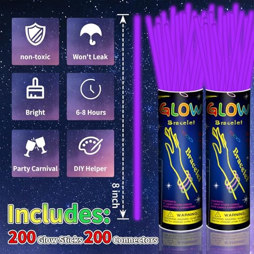 Taikula 200 Pack 8 Glow Sticks Bulk Party Favors Purple Light Up Sticks with Connectors Neon Glow in the Dark Party Supplies Bracelets for Holiday Birthday Party DecorationPurple - Image 5