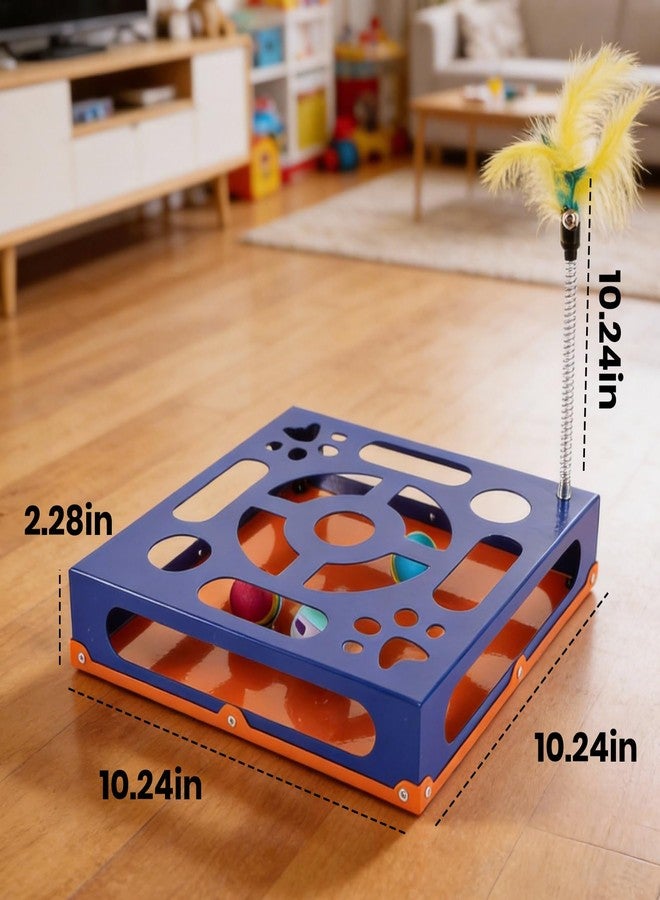 LYCC Metal Interactive cat Puzzle Toy Box, with 2 Small Balls, 1 Bell Ball, 1 Spring-Loaded Colorful Feather Stick with a Bell, Indoor Hunting Toy, Intelligence Snack Feeder Box,-Slip pad (Klein Blue) - Image 3