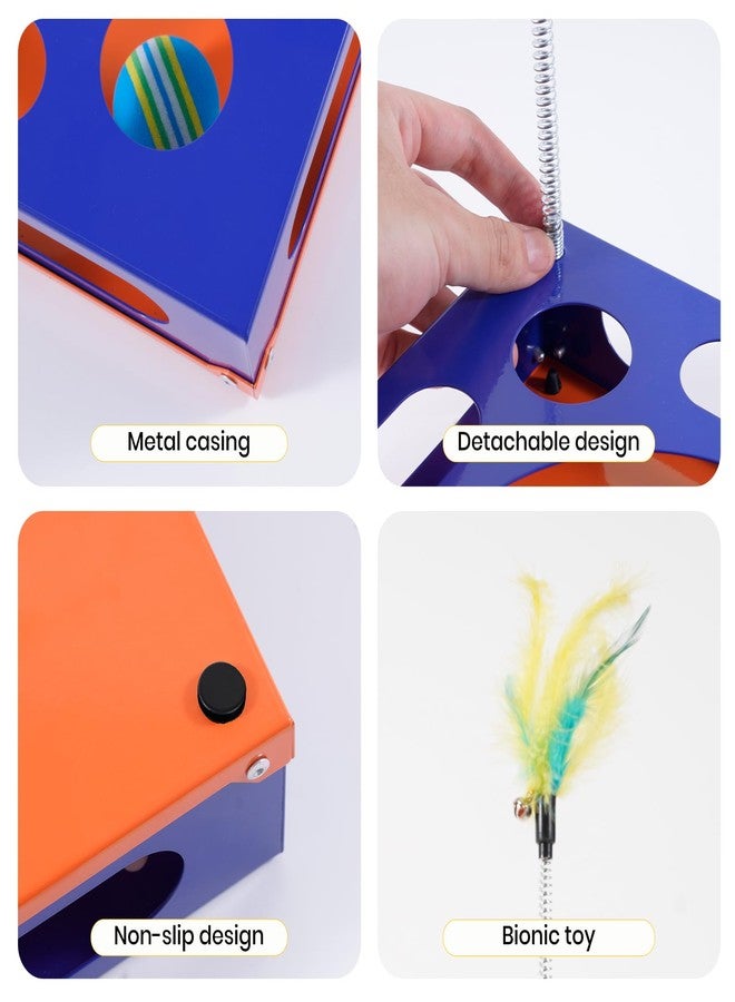 LYCC Metal Interactive cat Puzzle Toy Box, with 2 Small Balls, 1 Bell Ball, 1 Spring-Loaded Colorful Feather Stick with a Bell, Indoor Hunting Toy, Intelligence Snack Feeder Box,-Slip pad (Klein Blue) - Image 4