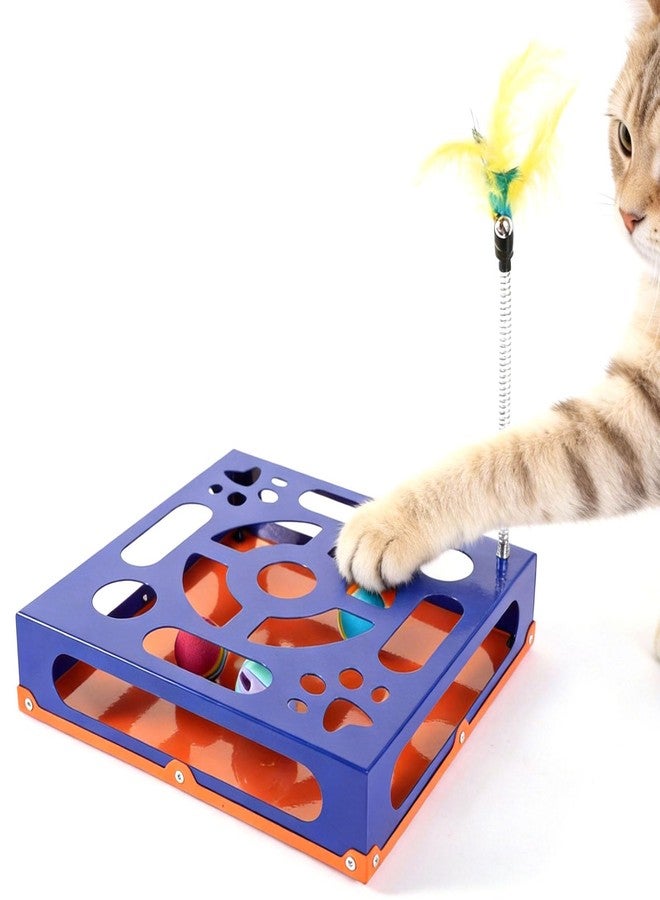 LYCC Metal Interactive cat Puzzle Toy Box, with 2 Small Balls, 1 Bell Ball, 1 Spring-Loaded Colorful Feather Stick with a Bell, Indoor Hunting Toy, Intelligence Snack Feeder Box,-Slip pad (Klein Blue) - Image 1