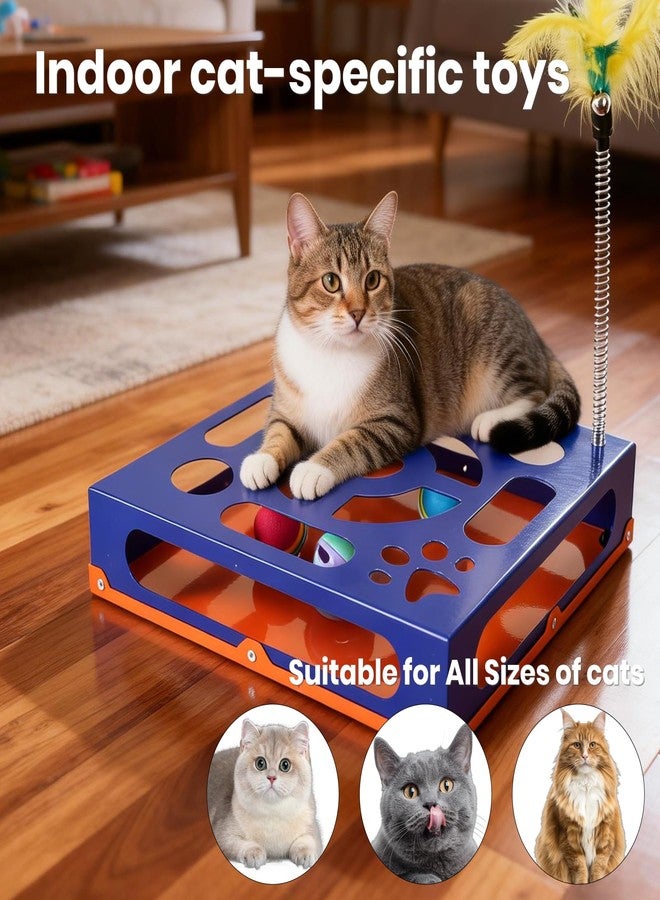 LYCC Metal Interactive cat Puzzle Toy Box, with 2 Small Balls, 1 Bell Ball, 1 Spring-Loaded Colorful Feather Stick with a Bell, Indoor Hunting Toy, Intelligence Snack Feeder Box,-Slip pad (Klein Blue) - Image 2