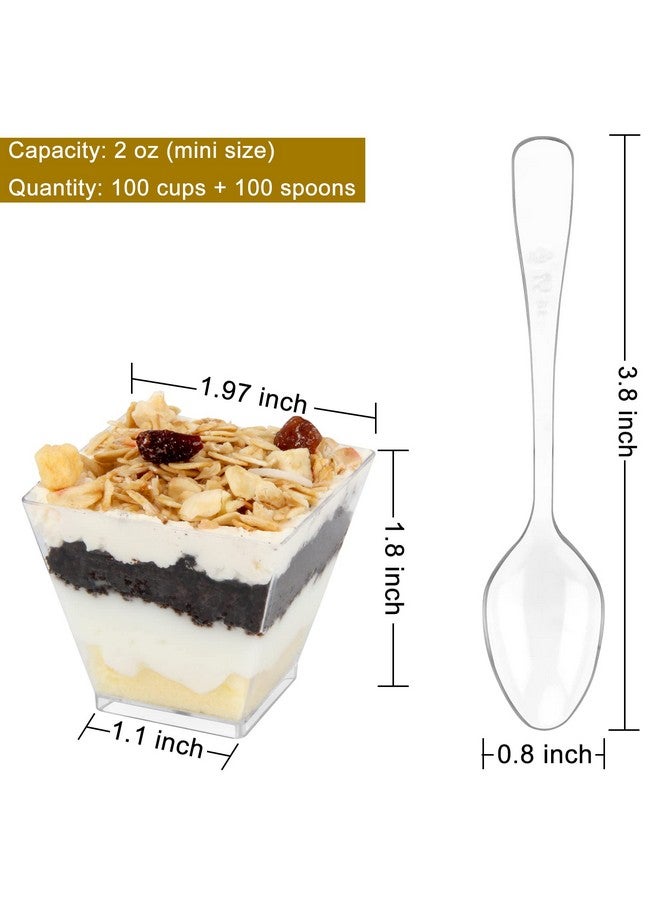 كولوفيس أكواب حلوى صغيرة من كولوفيس، 100 كوب بلاستيك شفاف سعة 2 أونصة، أكواب مقبلات بارفيه مع ملاعق، أوعية حلوى مربعة صغيرة للتقديم والتذوق (100) - Image 2