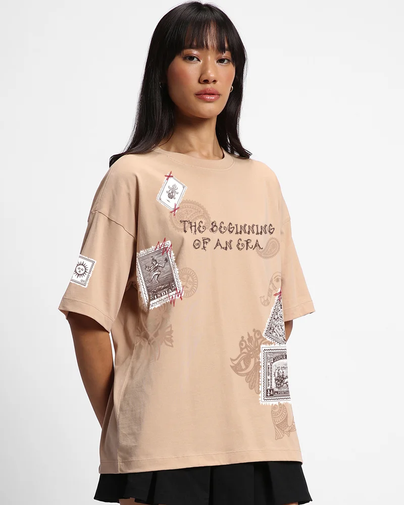 bewakoof Women's Ginger Root Brown Beginning Of An Era Graphic Printed Oversized T-shirt