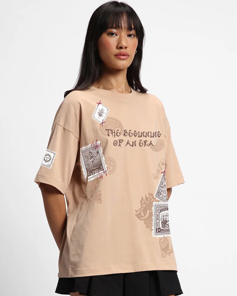 bewakoof Women's Ginger Root Brown Beginning Of An Era Graphic Printed Oversized T-shirt