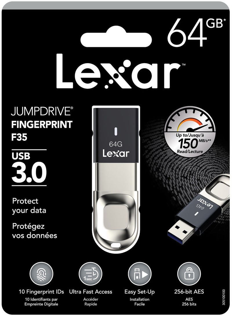ليكسار Lexar Jumpdrive Fingerprint F35 USB 3.0 64 - ضمان لمدة 10 سنوات - موزع رسمي - Image 2