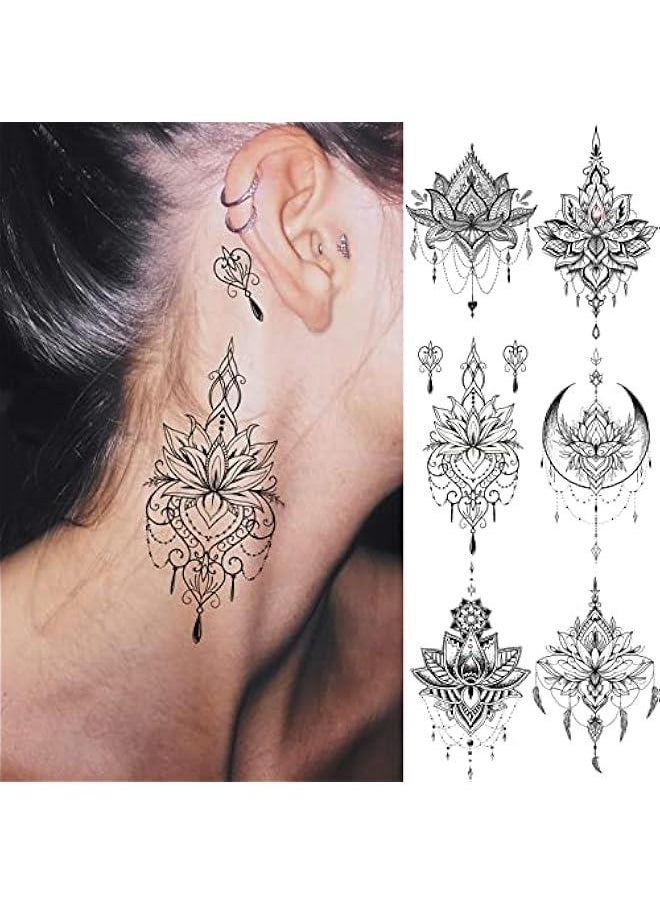 Arabest - 15 Sexy Black Lotus Temporary Tattoos Women Wedding Brides Tribal Fake Jewelry Pendant Lace Moon Moth Flowers Sticker Girls Arm Neck Hands Jewels - Image 1
