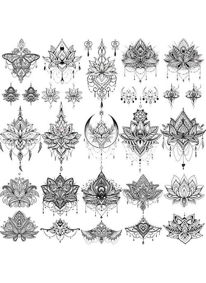 Arabest - 15 Sexy Black Lotus Temporary Tattoos Women Wedding Brides Tribal Fake Jewelry Pendant Lace Moon Moth Flowers Sticker Girls Arm Neck Hands Jewels - Image 1